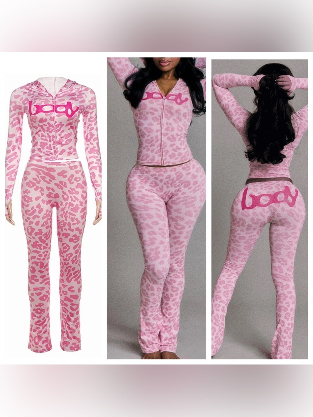 Body Logo Pink Leopard Zip-Up Hoodie & Legging Set